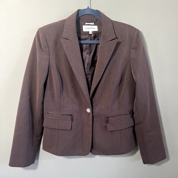 CK Calvin Klein Women's Professional Brown Stretch Blazer, Zip Pockets, Size 10 - Picture 1 of 13